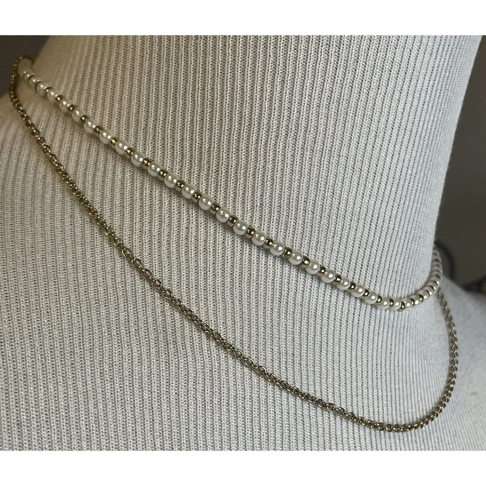 2 Strand Layered Choker Necklace Faux Pearl Gold Tone Cable Chain 12-14" - Picture 3 of 8